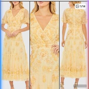 MAC DUGGAL 9207 Yellow Floral Embellished Flutter Sleeve Tiered Dress